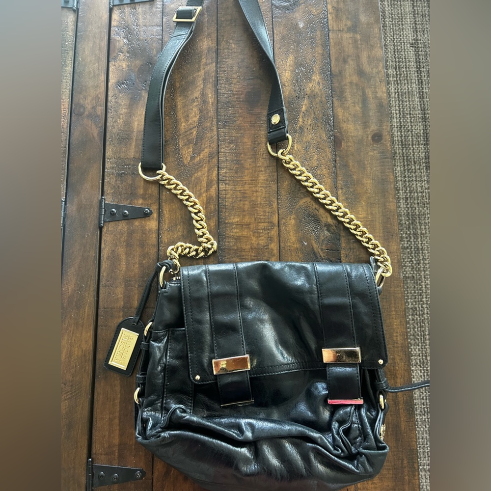 Badgley Mischka Black Leather Shoulder Bag with Gold Accents